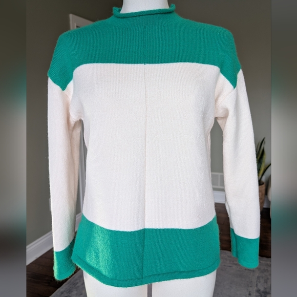 Soft Cashmere Blend Women's Sweater Colorblock Mock Neck Green Cream Knit Size S - Picture 2 of 16